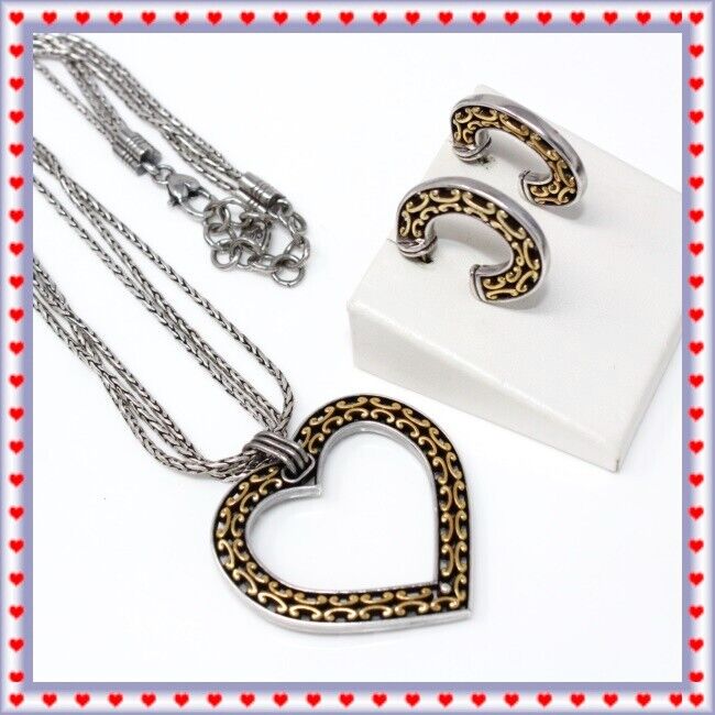 Brighton Seville Heart Pendant Necklace Hoop Earrings Two-Tone Set