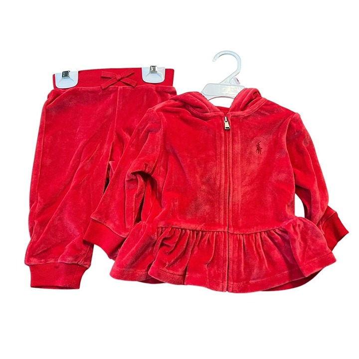 Ralph Lauren 9 Months Baby Girl Red Velour Sweatsuit Hoodie & Pants 2 Piece NWT