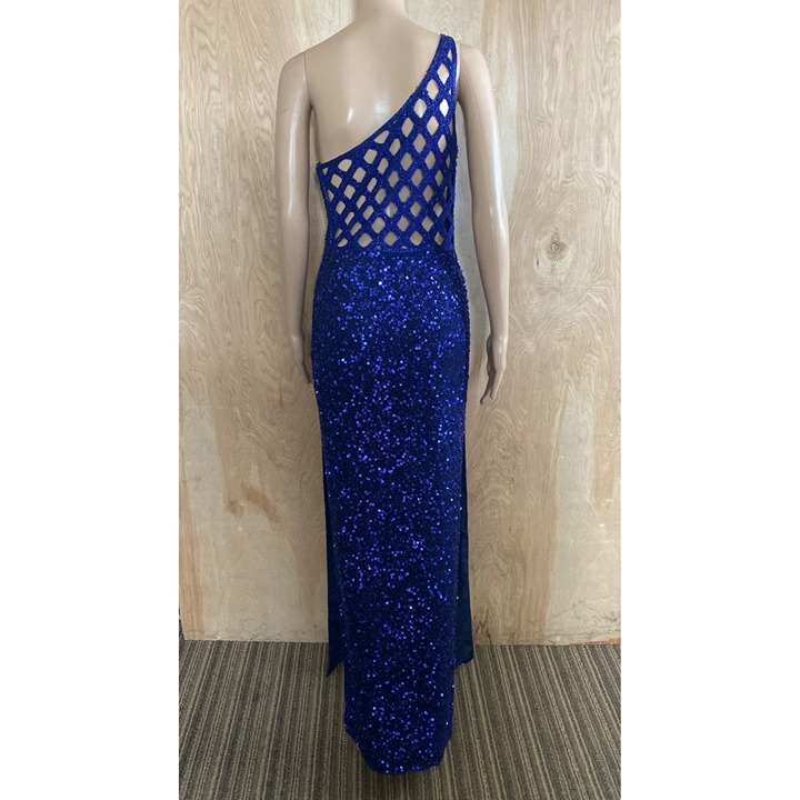 Vintage 1980s SCALA 100% Silk Sequined Blue One-Shoulder Evening Gown Sz M