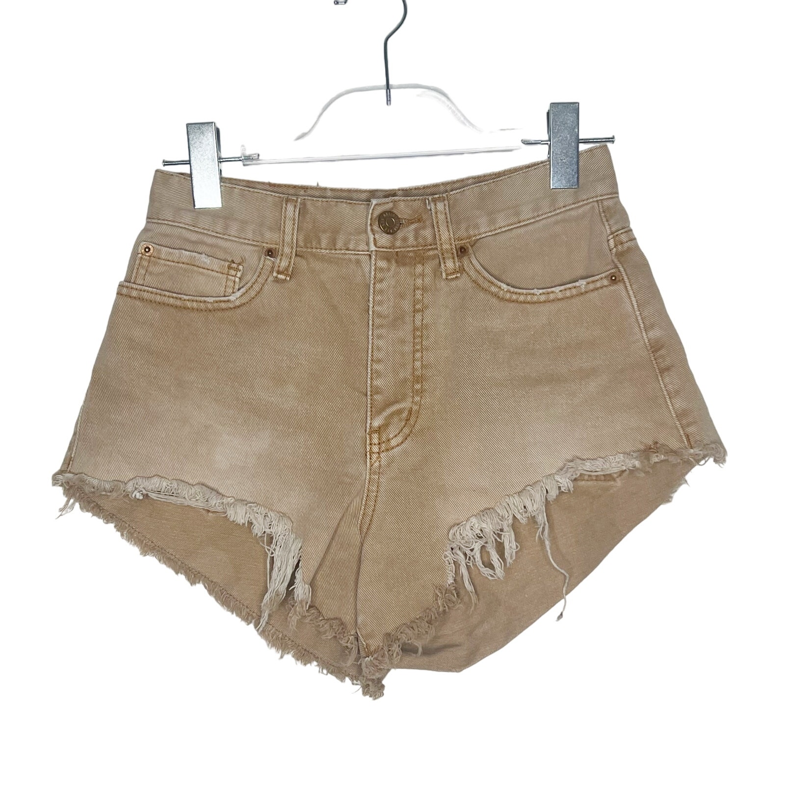 BDG by URBAN OUTFITTERS Cheeky High Rise Denim Shorts Frayed Hem Beige Size 26