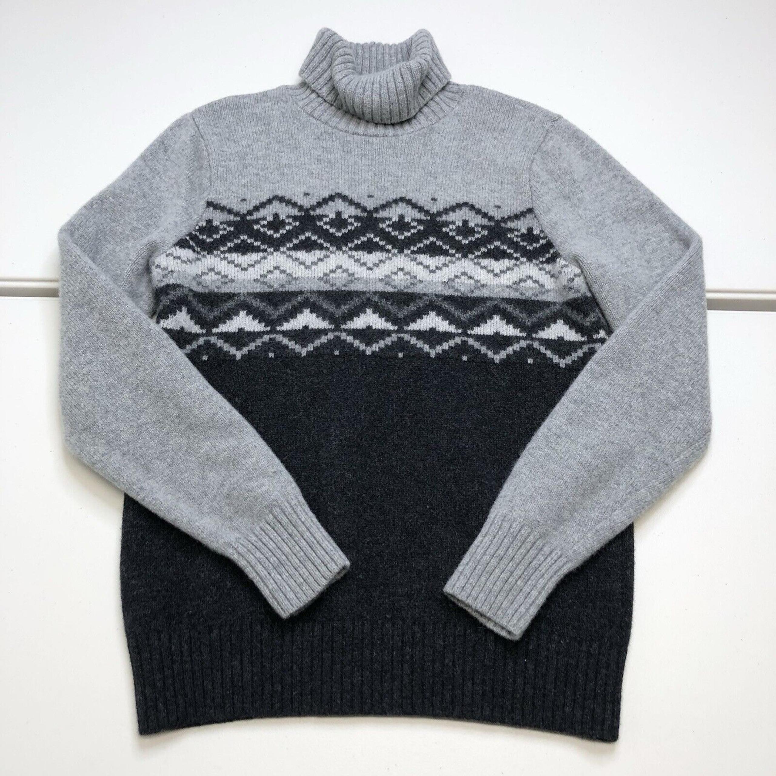 LL Bean Lambs Wool Sweater Mens Medium Cable Knit Chunky Fair Isle Gray