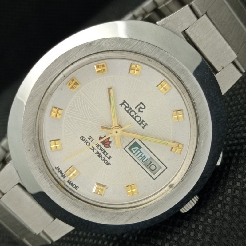 Vintage 1979 Ricoh Automatic Mens Silver Watch W/daydate & Gold accents