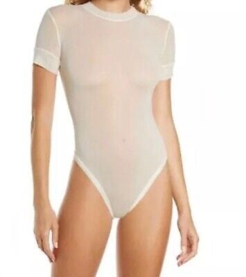 SKIMS Summer Mesh T-Shirt Short Sleeve Thong Bodysuit In Bone Ivory Size M