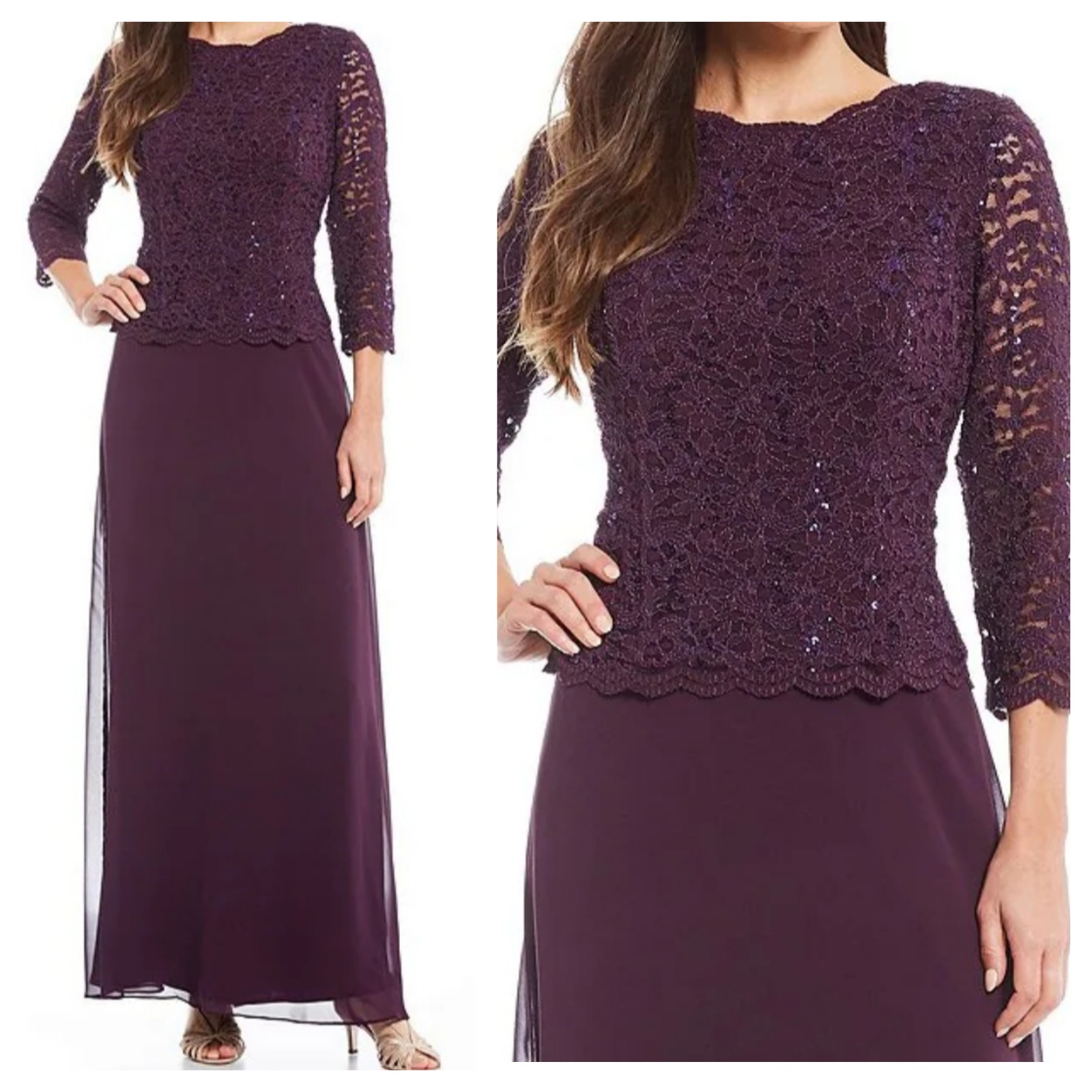 Alex Evenings Womens 16 3/4 Sleeve Lace Top Long Chiffon Dress Deep Plum Purple