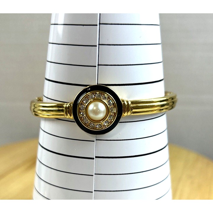 Monet Signed Rare Faux Pearl Black Enamel Rhinestone Gold Tone Bangle Bracelet