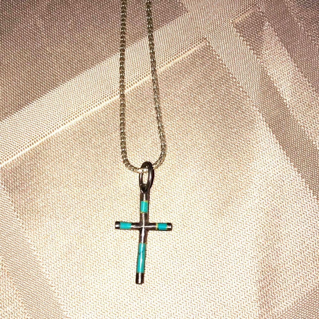 Turquoise Sterling 925 Silver Cross Necklace - 8.5 Inches Long