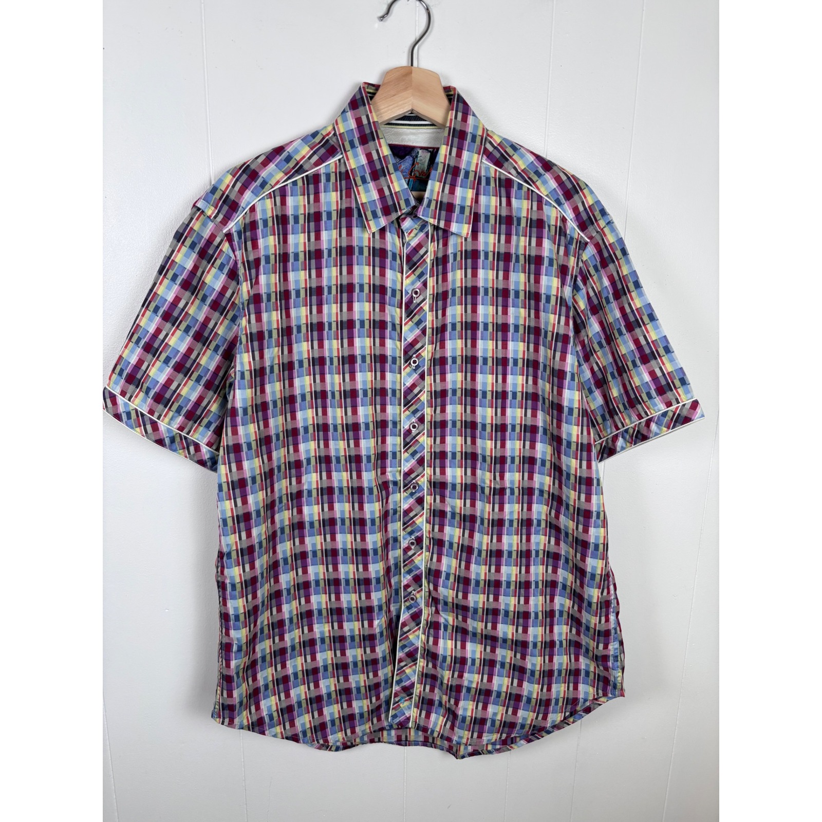 Robert Graham Multicolor Plaid Button Up Shirt Short Sleeve Large Embroidered