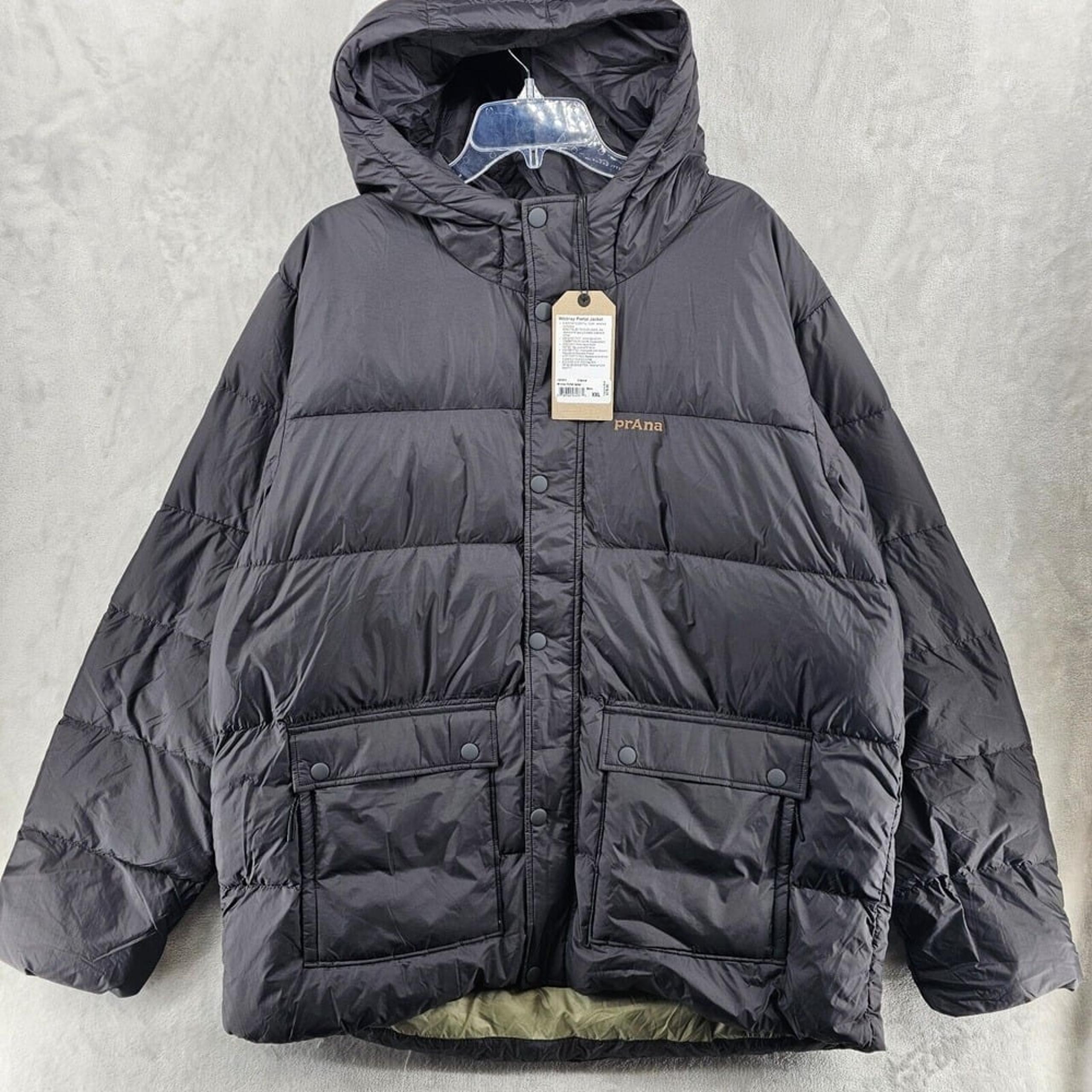 Prana Whitney Portal Duck Down Jacket Mens 2XL Charcoal Hood Puffer Standard Fit