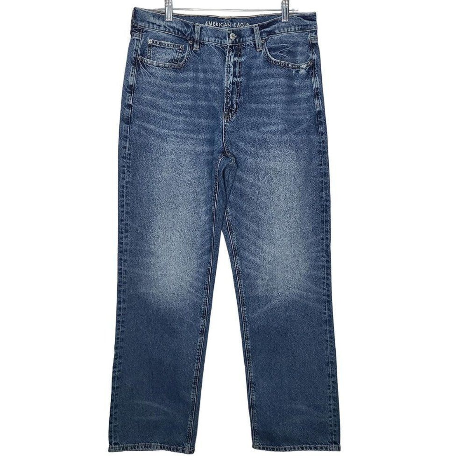 American Eagle Women Jeans, Medium Wash Full Leg Low-Rise Baggy Jeans, 14 Long