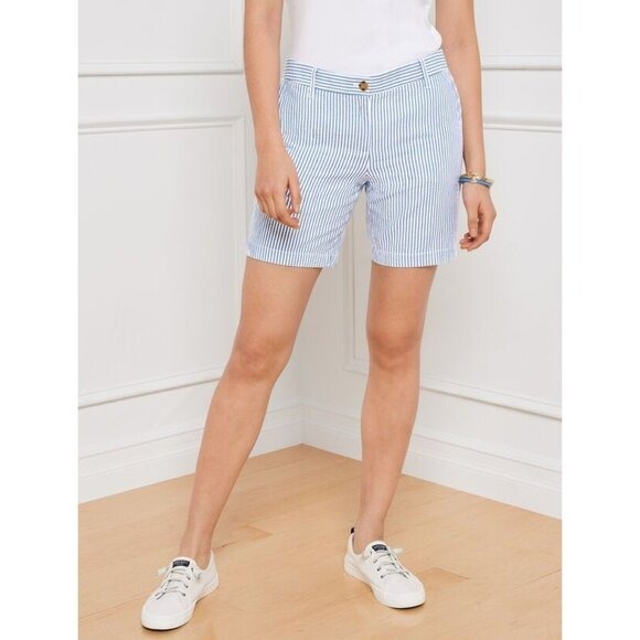 Talbots Petites Blue & White Seersucker Stripe Relaxed Chino Bermuda Shorts 8P