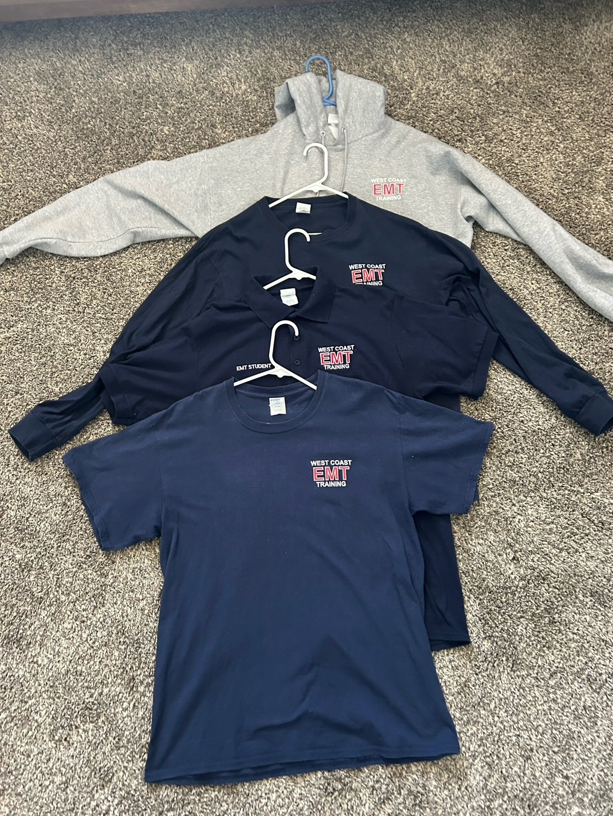 West Coast EMT uniform: L:T-shirt, L: polo T, XL long sleeve, XL hoodie, Hat