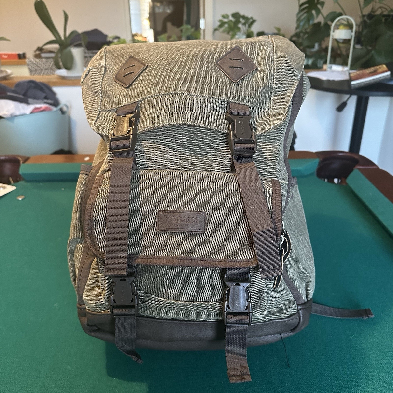 Bondka Roll Top Backpack Brown Canvas Laptop Travel Bag Adjustable Straps Pocket