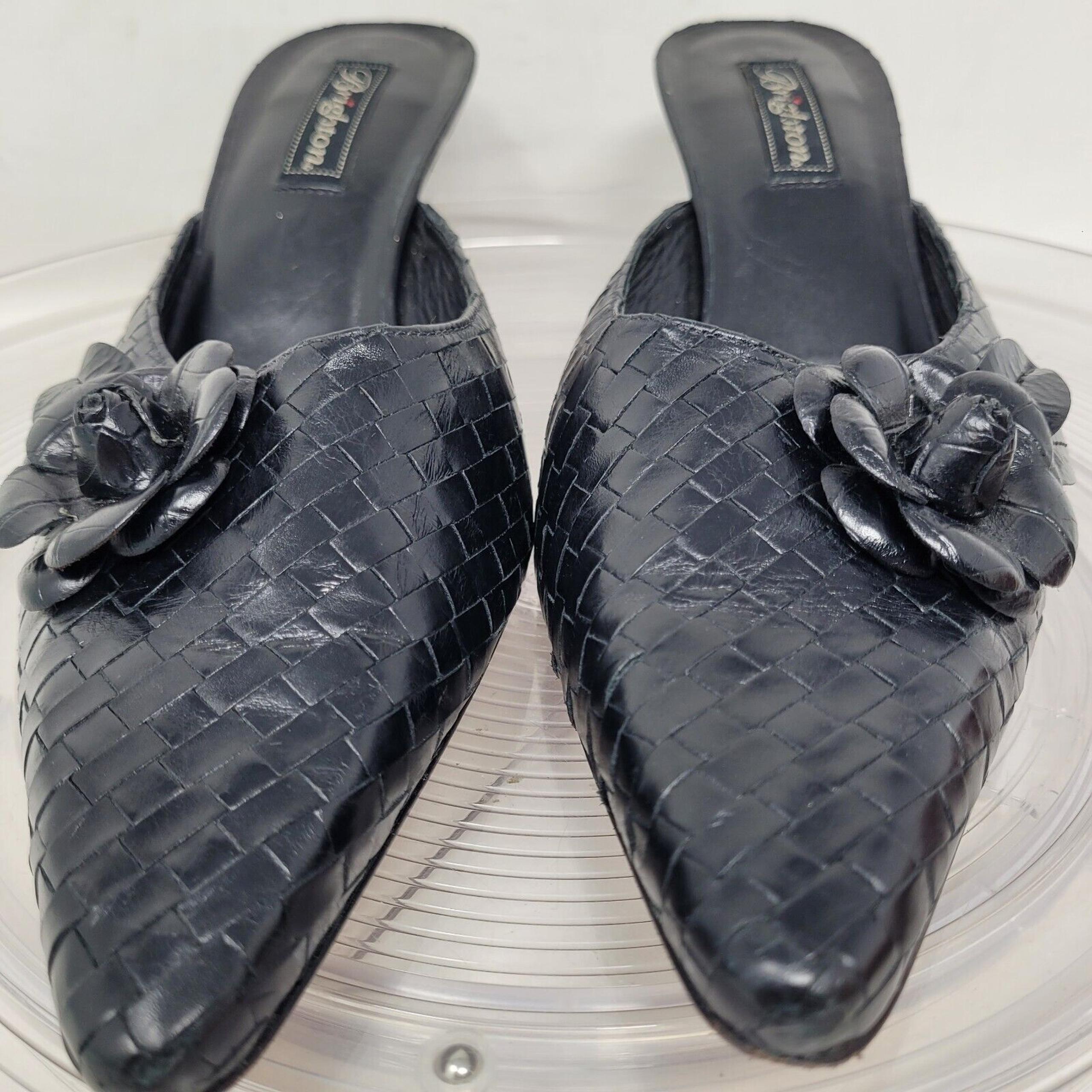 BRIGHTON Poem Paige Slip-On High Heeled Mules Black Leather Shoes Floral Sz 10M