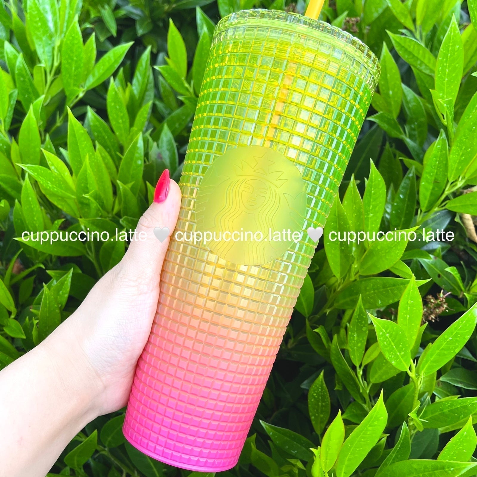 NEW Starbucks Summer 2022 ‘Lemon’ Neon Yellow & Pink Ombre Grid Disco Tumbler