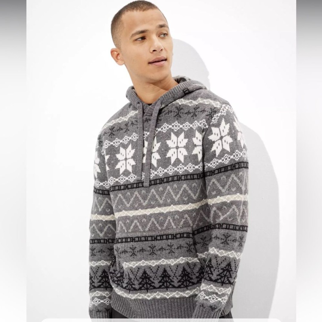 American Eagle fair isle softest sweater hoodie winter knit hooded men's large.