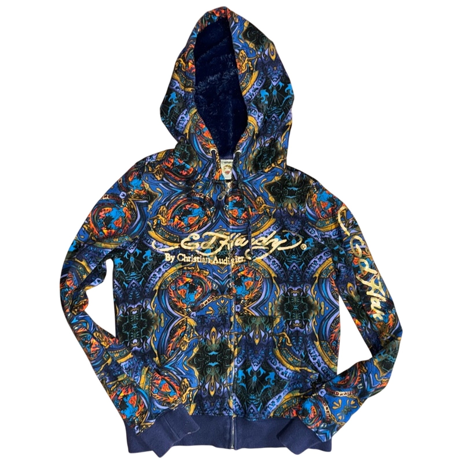 Ed Hardy Vintage Y2K Furry Hoodie Zip Up Size Medium Sweater Koi Fish Tattoo 90s