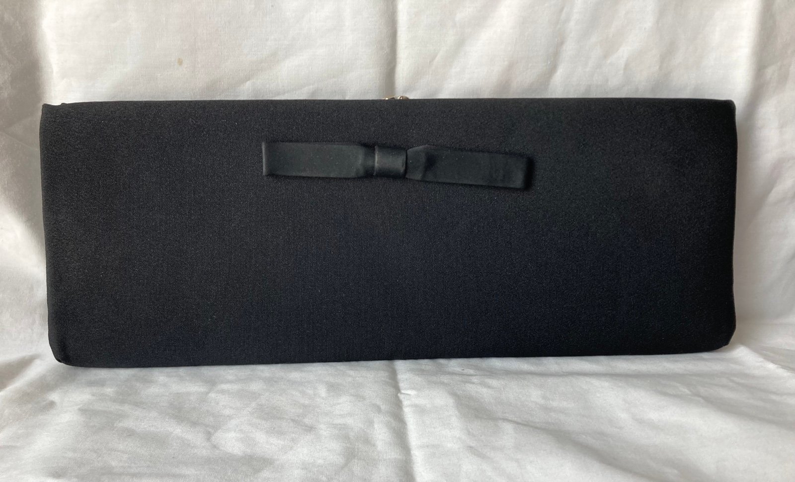 Vintage Black Bowtie Clutch Bag Purse w/ Vintage Mini Mirror & Handkerchief