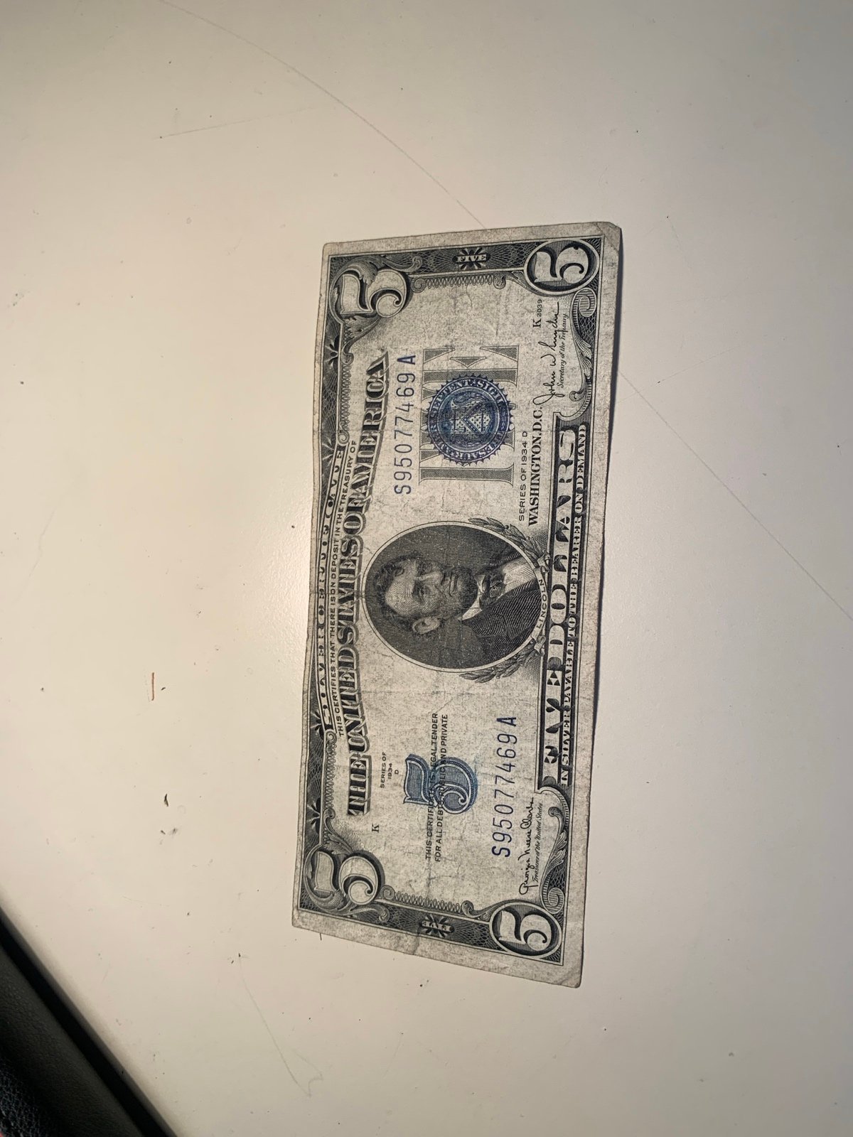 Rare vintage US silver certificate, five dollar blue seal