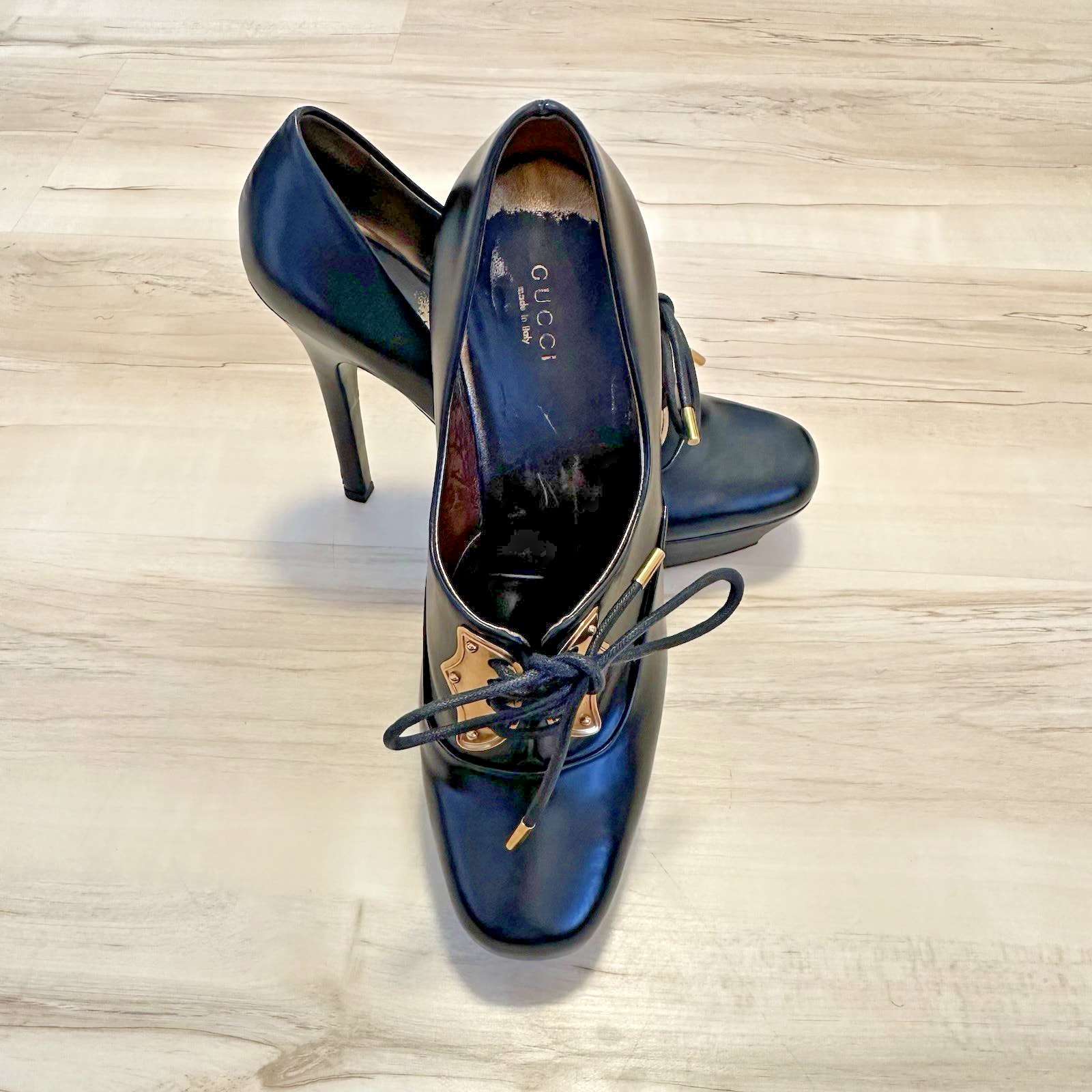 Gucci Heels Scar Pelle S Cuoio Nero Baby Lux 9B High Heel Platform Shoes