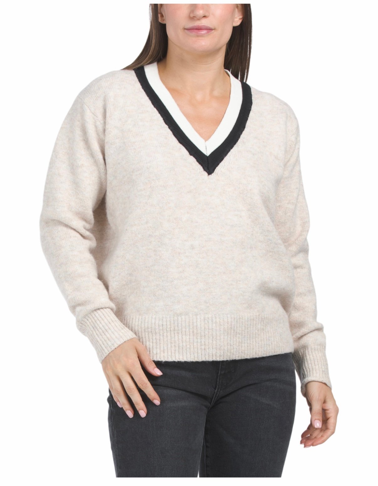 NWT Ladies Rain And Rose V Neck Varsity Sweater. Cream. Size XL.