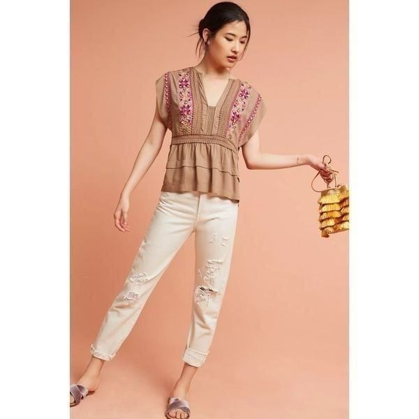 Anthropologie Blank London Sedona Embellished Embroidered Short Sleeve Top in Mo