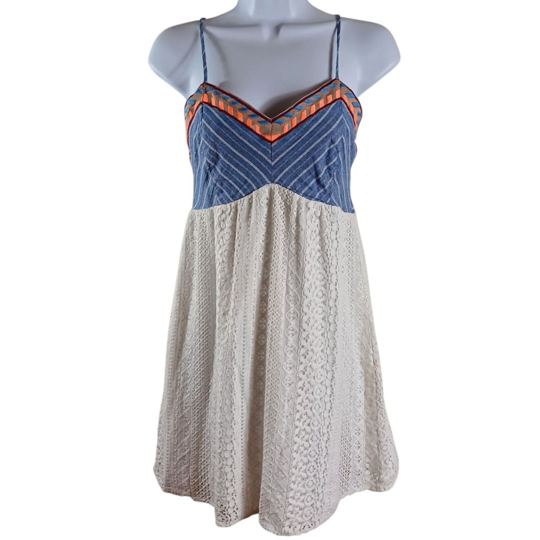 Altard State Lace Dress Small | Boho Denim Embroidered Bodice & Faux Suede Trim