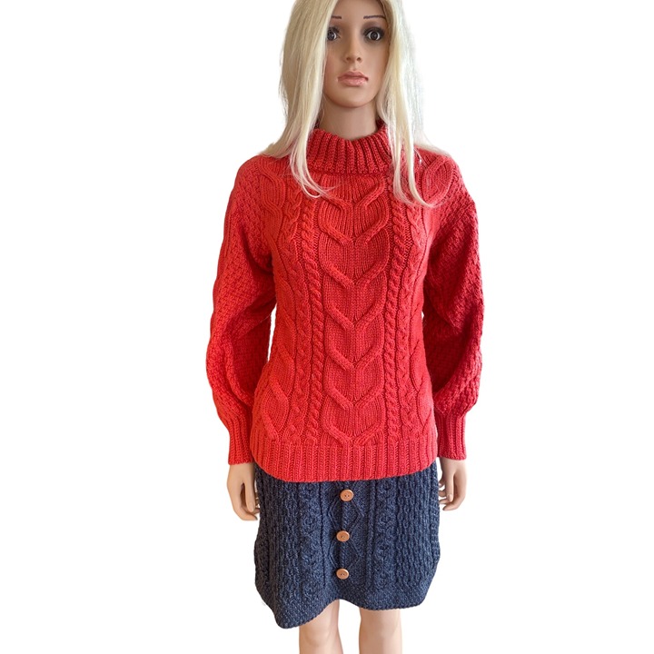 NWT Aran Woollen Mills Red Cable-knit Crew Neck Merino Sweater S Balloon Sleeves
