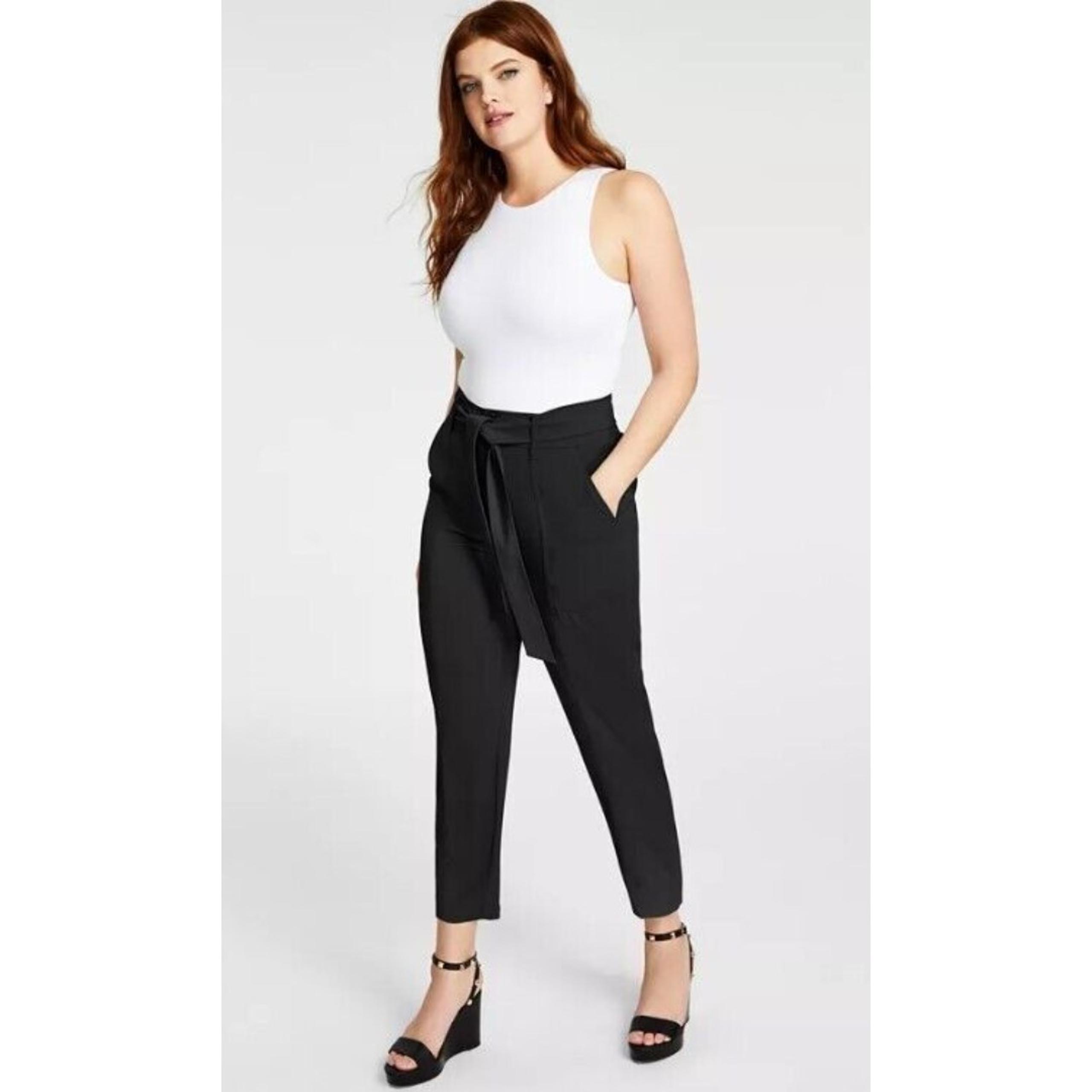 Bar III Women's Petite Tie-Waist High-Rise Tapered-Leg Deep Black Pants PL