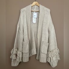 {Love Riche} Loose Knit Cardigan Sweater with Fringe Detail in Cream - Large