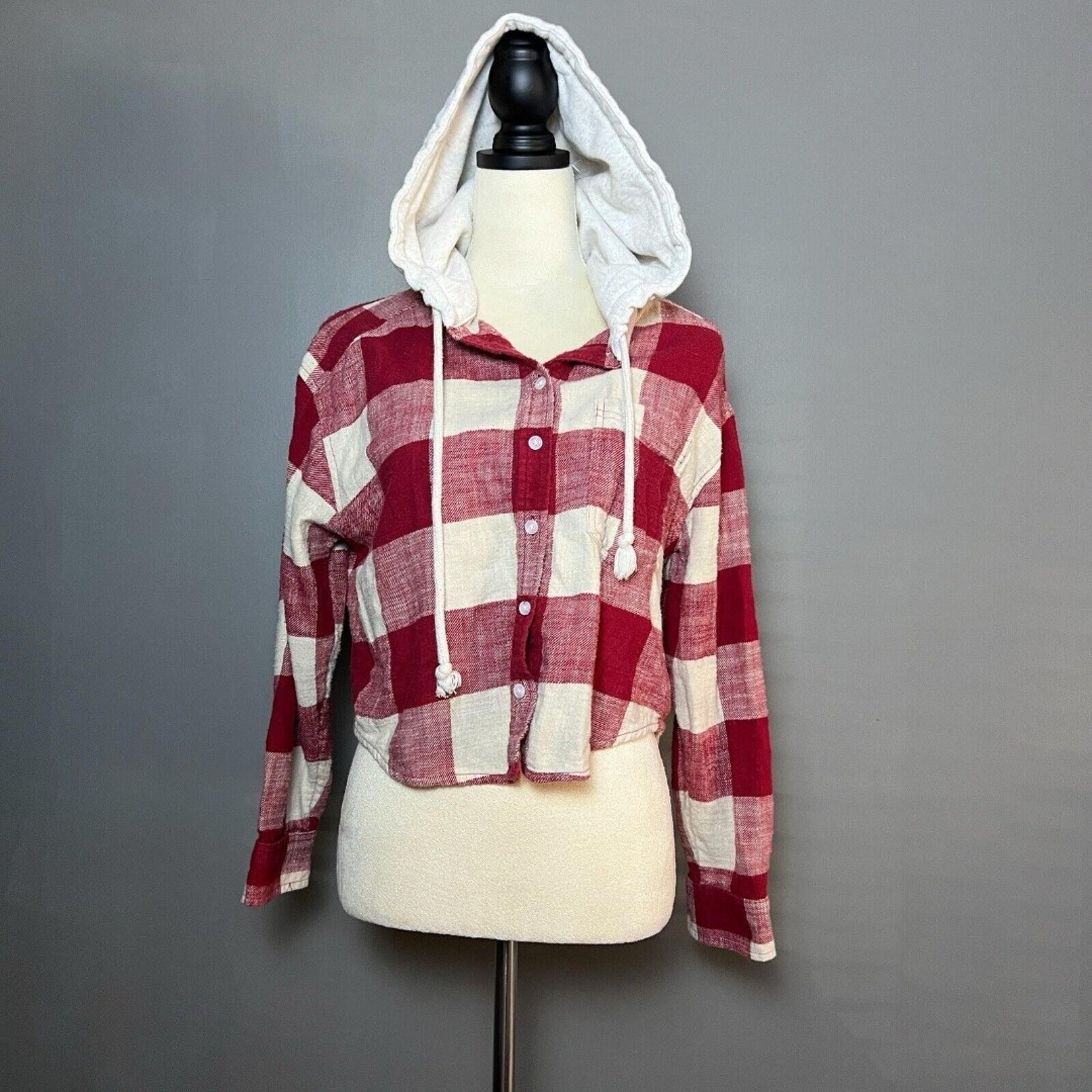American Eagle Cropped Flannel Hoodie Women S Plaid Grunge Skater Shacket School