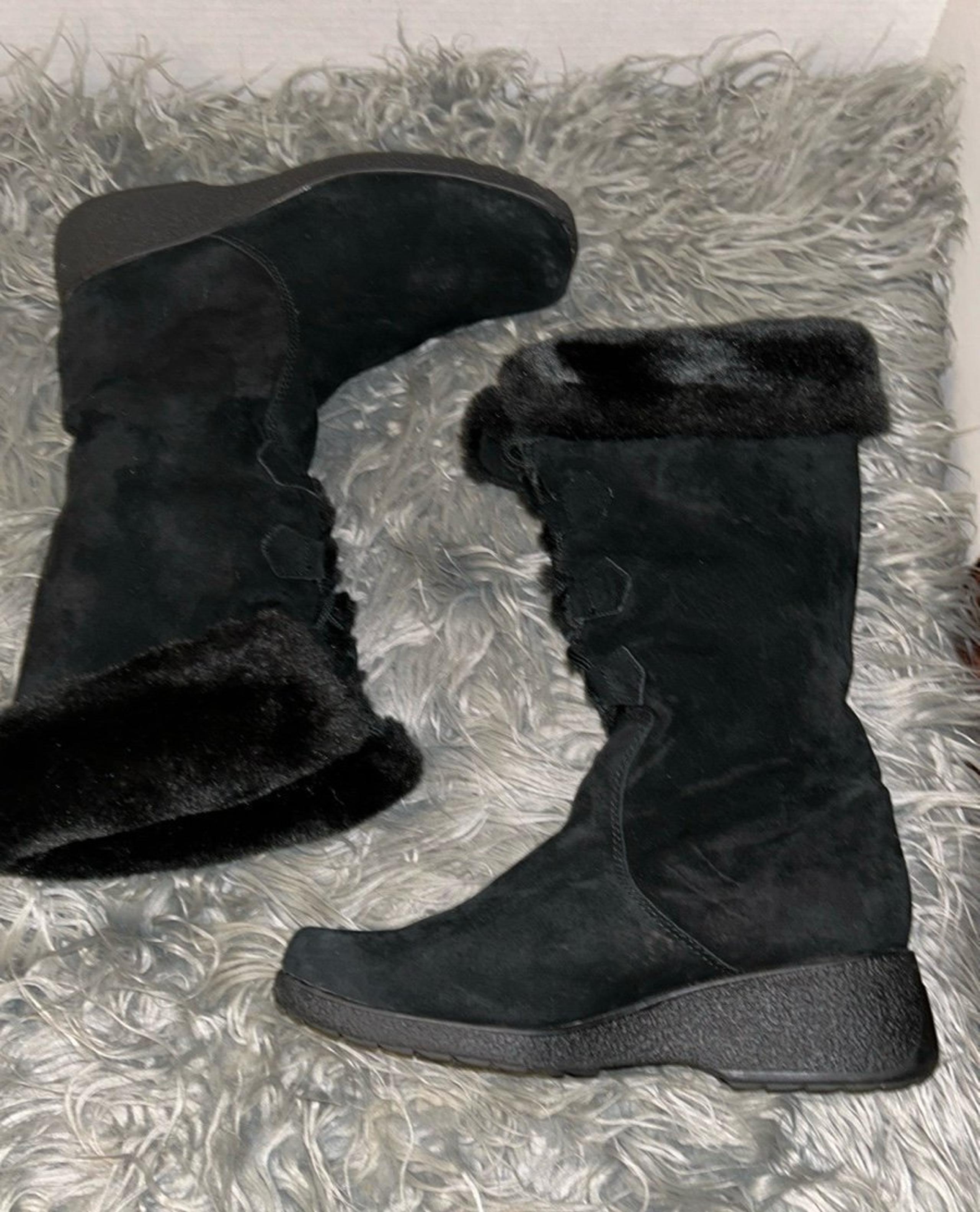 KHOMBU Black Tall Mid-Calf Suede Leather Faux Fur Lined Winter Lace Up Boot Sz9