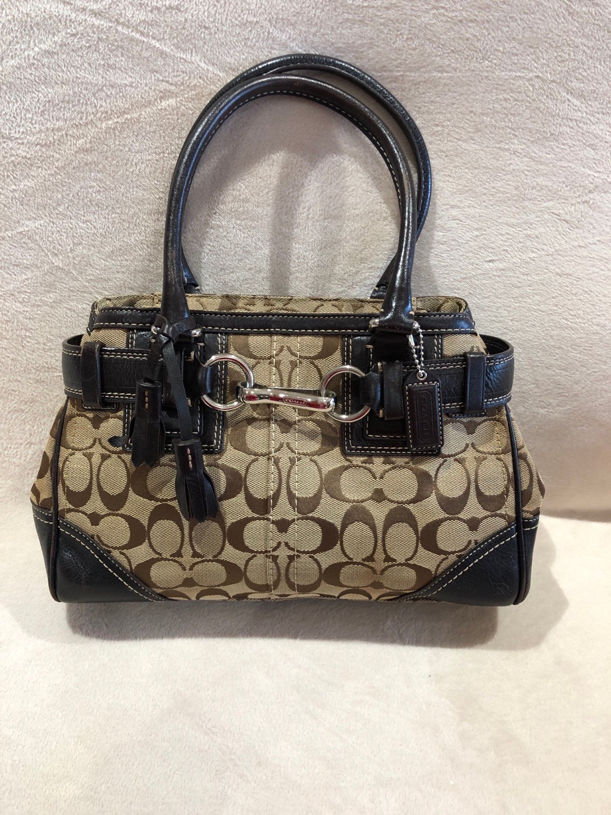 Vintage Coach Handbag Tote Signature Logo Canvas Leather Brown