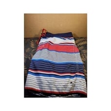 Tommy Hilfiger Men's Red, White, and Blue Striped Swim Trunks- Size XL