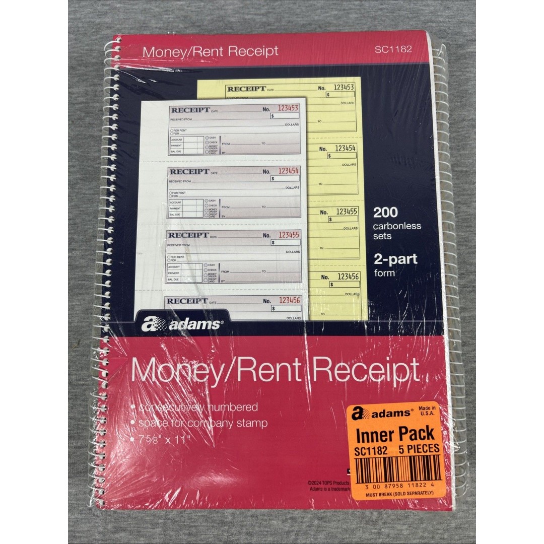 Pack of 5 Adams Money Rent Receipt Books 7-5/8 x 11 Carbonless Two 2 Part