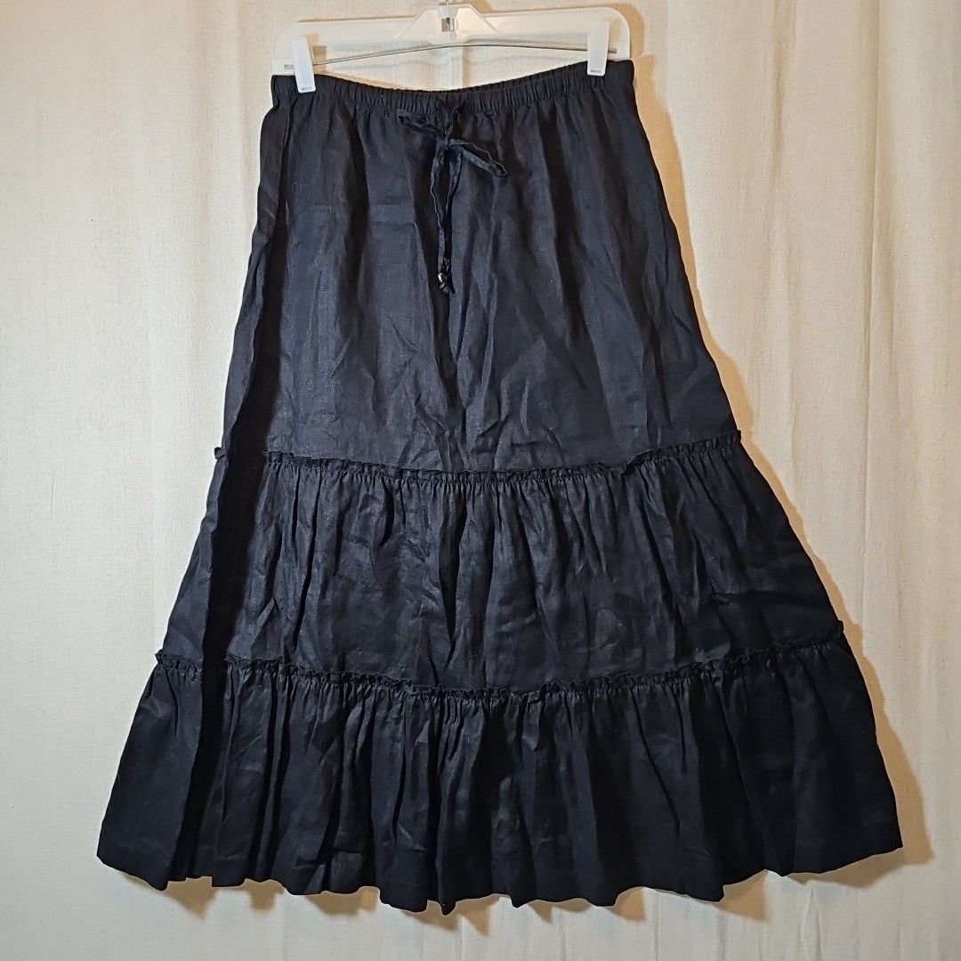 Lands End Womens Linen Long Skirt Tiered Drawstring Waist Unlined Small