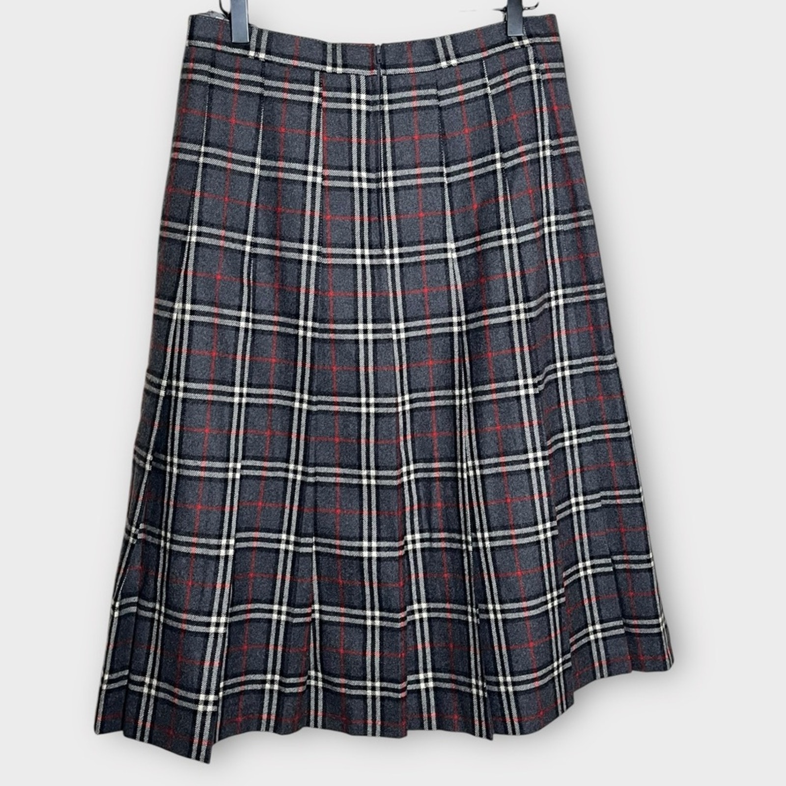 VINTAGE wool blend gray/black/red/white pleated midi skirt size 8 preppy