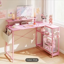Pink cat kitten gaming table with accessories cute gamer desk l shaped