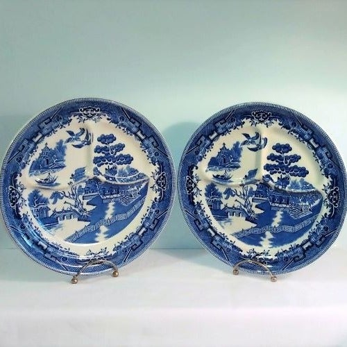 Vintage Shenago Blue Willow China 10 1/2 Divided Ceramic Plates (2)