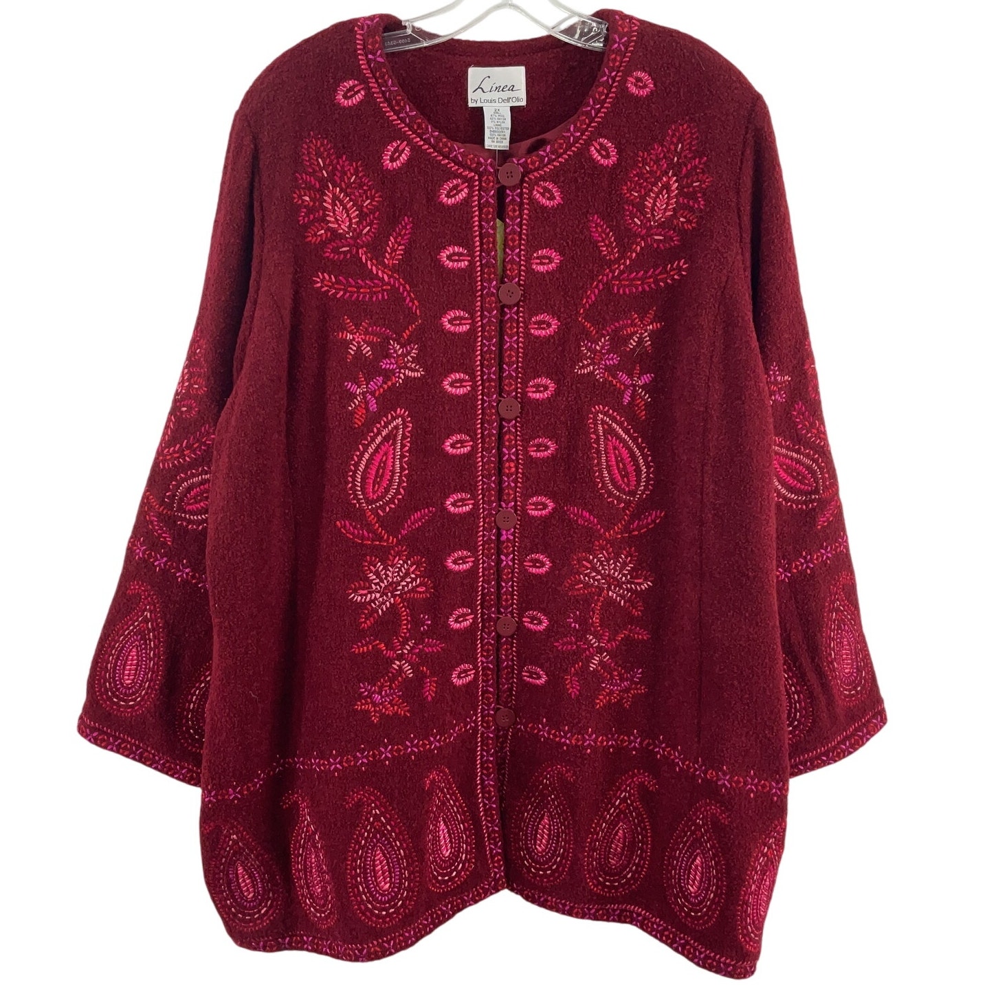Linea Women's Size 2XL Red Wool Blend Floral Embroidered Coat NWT