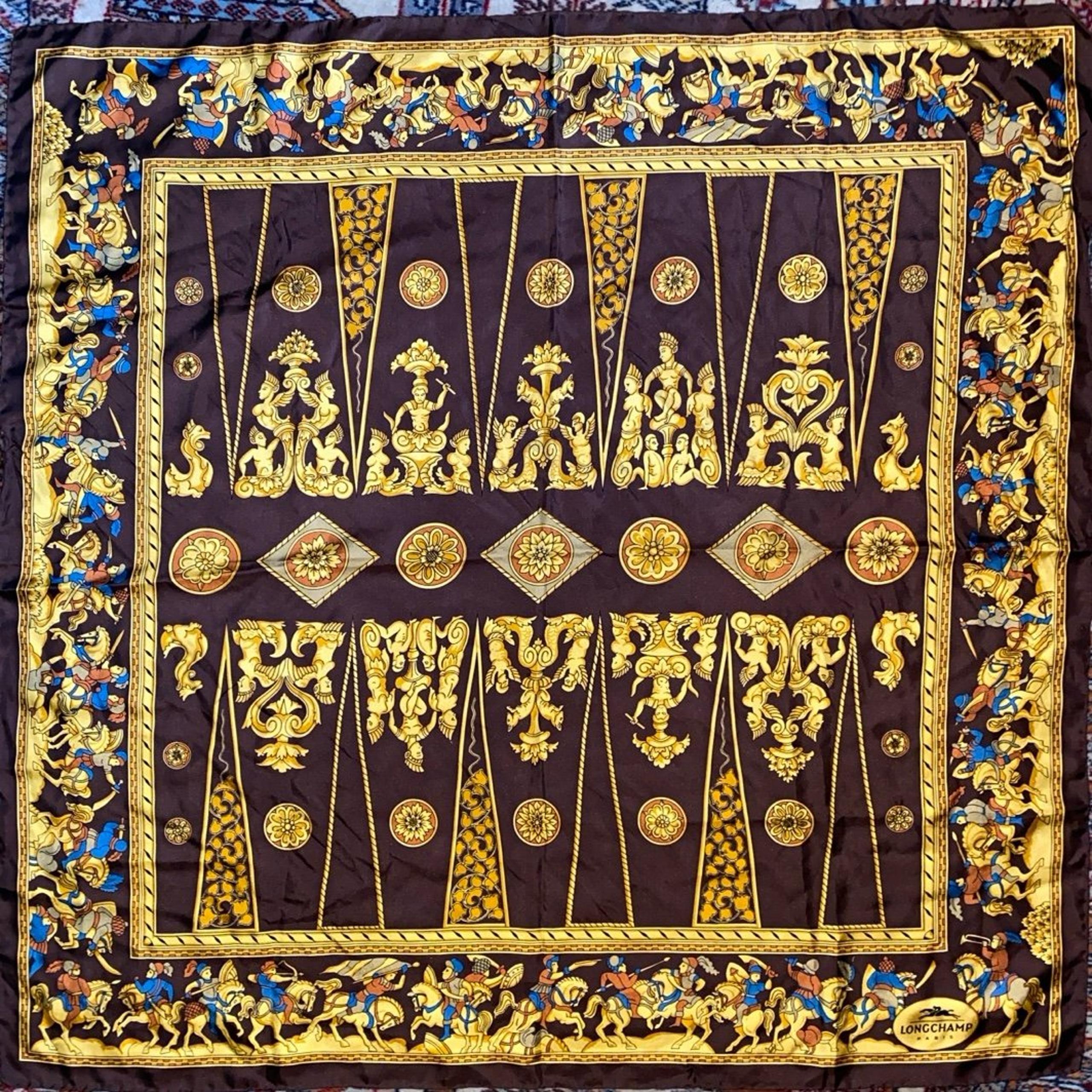 Vintage Longchamp Hand-Rolled Silk Scarf Equestrian Roman Motif Brown/Golden Hue