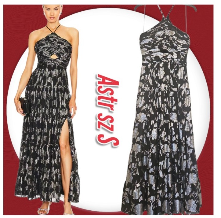 Astr The Label Elegant Black Silver Floral Keyhole Halter Tiered Maxi Dress
