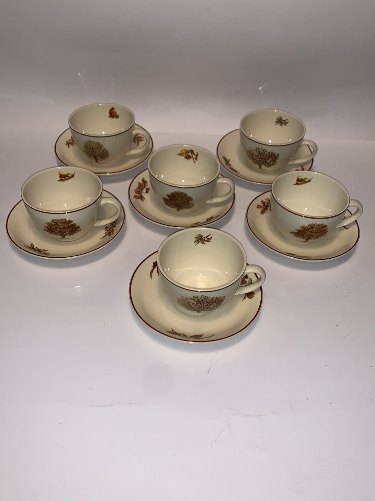 Set of Six Orvis Earthware Trees and Nuts Cups and Saucers