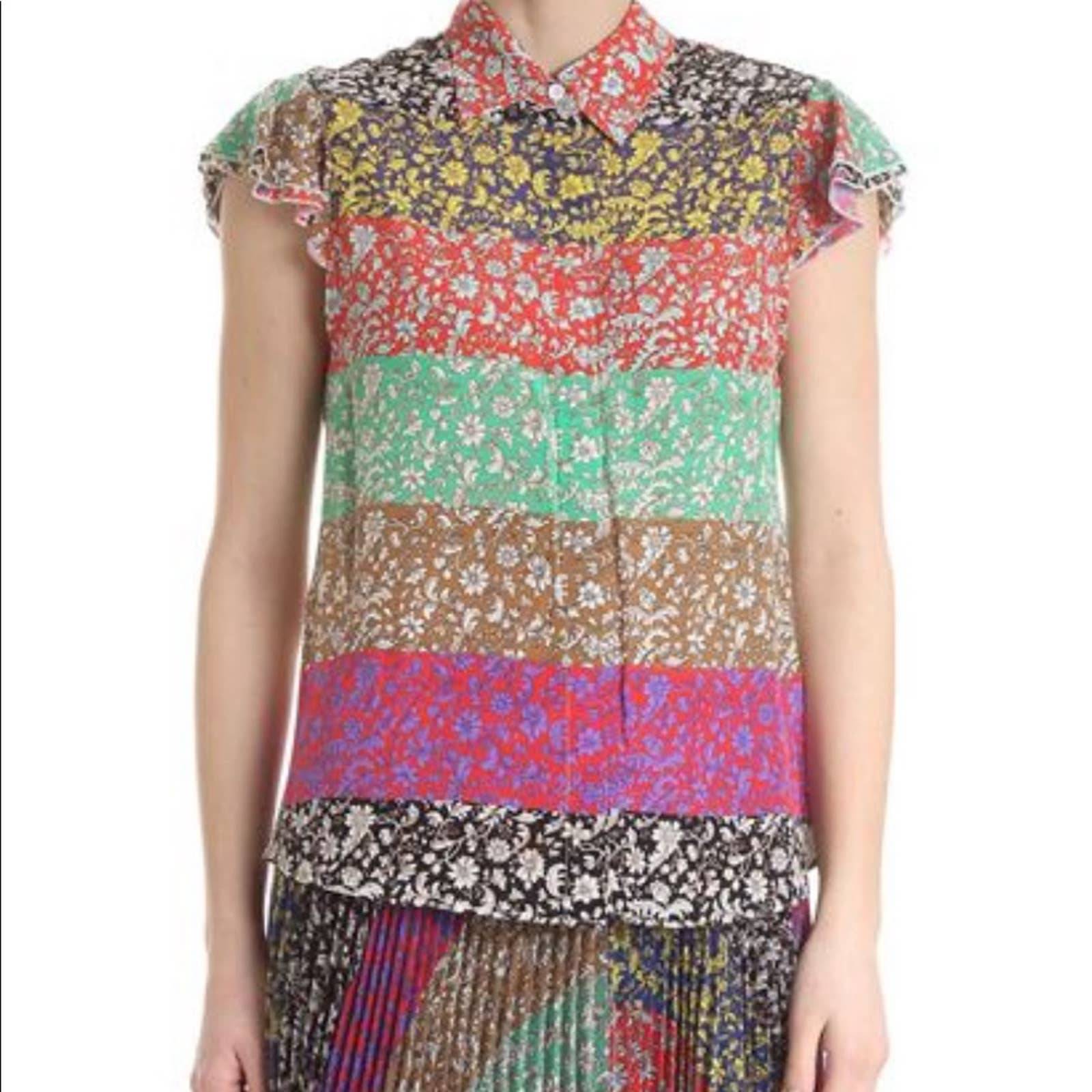 Alice and Olivia Silk Multicolored Floral Print Striped Button Down
