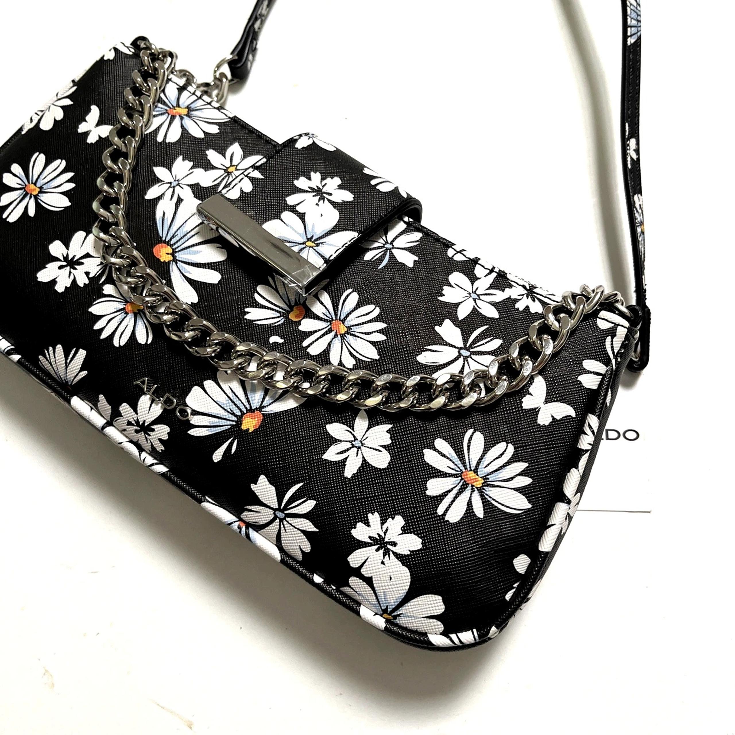 NWT Original ALDO Floral Shoulder Bag Baguette Black White Chain Daisy Daisies