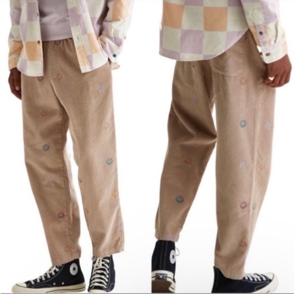 Urban Outfitters Tan Corduroy Smiley Face Embroidered Beach Pants