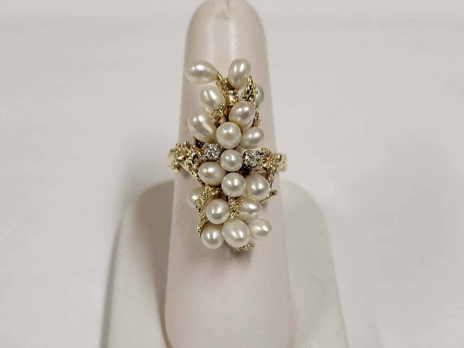 14k Pearls & 2 Diamonds Leaves and Branch Design Custom Made Ring Size 7.5