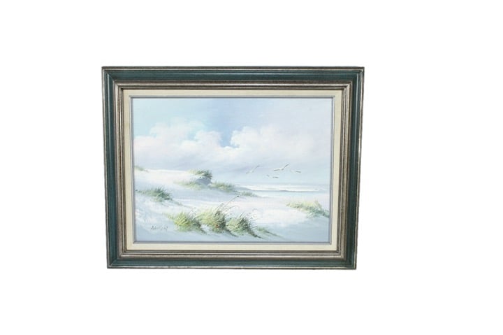 1980s Original Oil Painting Blue Ocean Seagulls Beach Scene Framed Signed 12x18