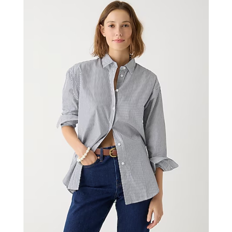 J.Crew Women's Relaxed Fit Cotton Poplin Button Front Shirt Size 12 Navy Striped