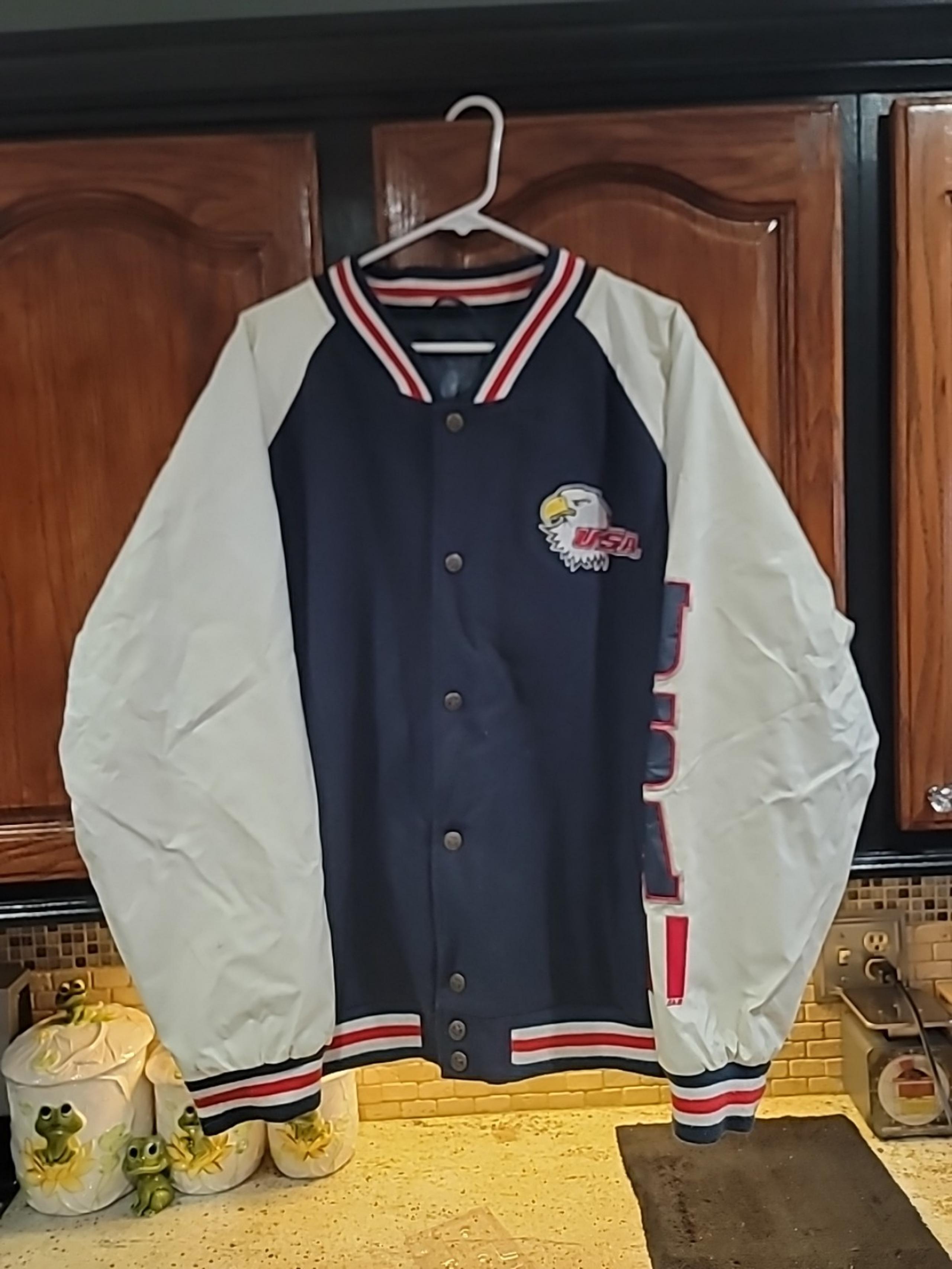 Steve & Barry's Men's Vintage USA Navy/White Faux Leather Varsity Jacket SZ XL