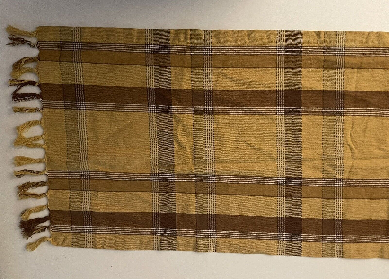 Pottery Barn Yellow Brown Plaid Table Runner Autumn Decor 18x108 Linen Blend